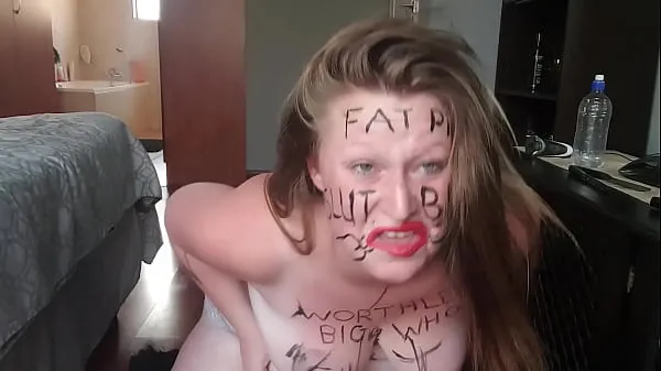 新Big fat worthless pig degrading herself | body writing |hair pulling | self slapping热门视频